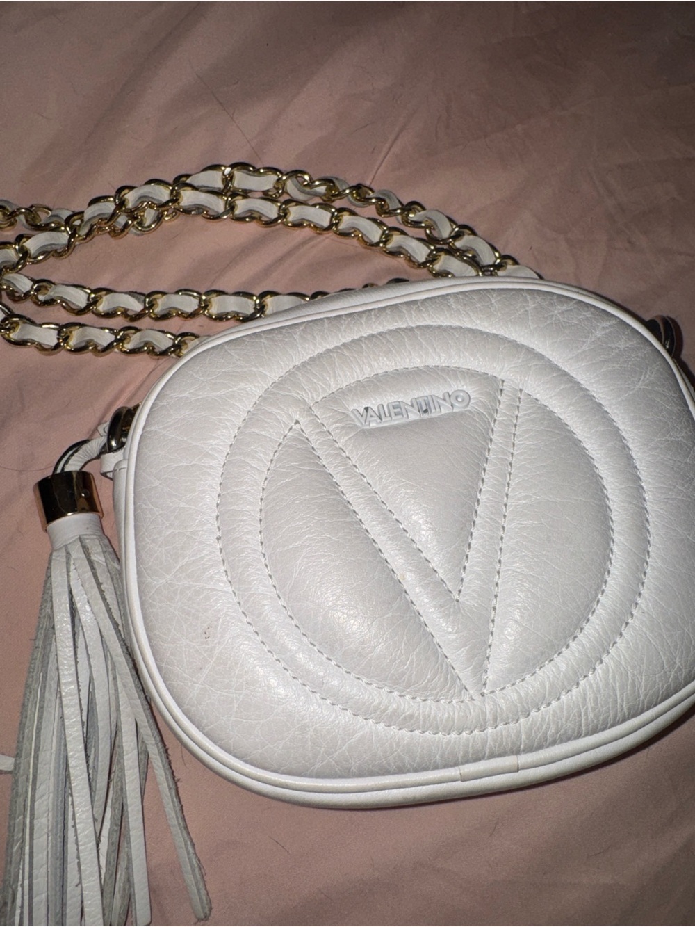 Valentino White Quilted Leather Round Crossbody with Gold Chain & Tassel